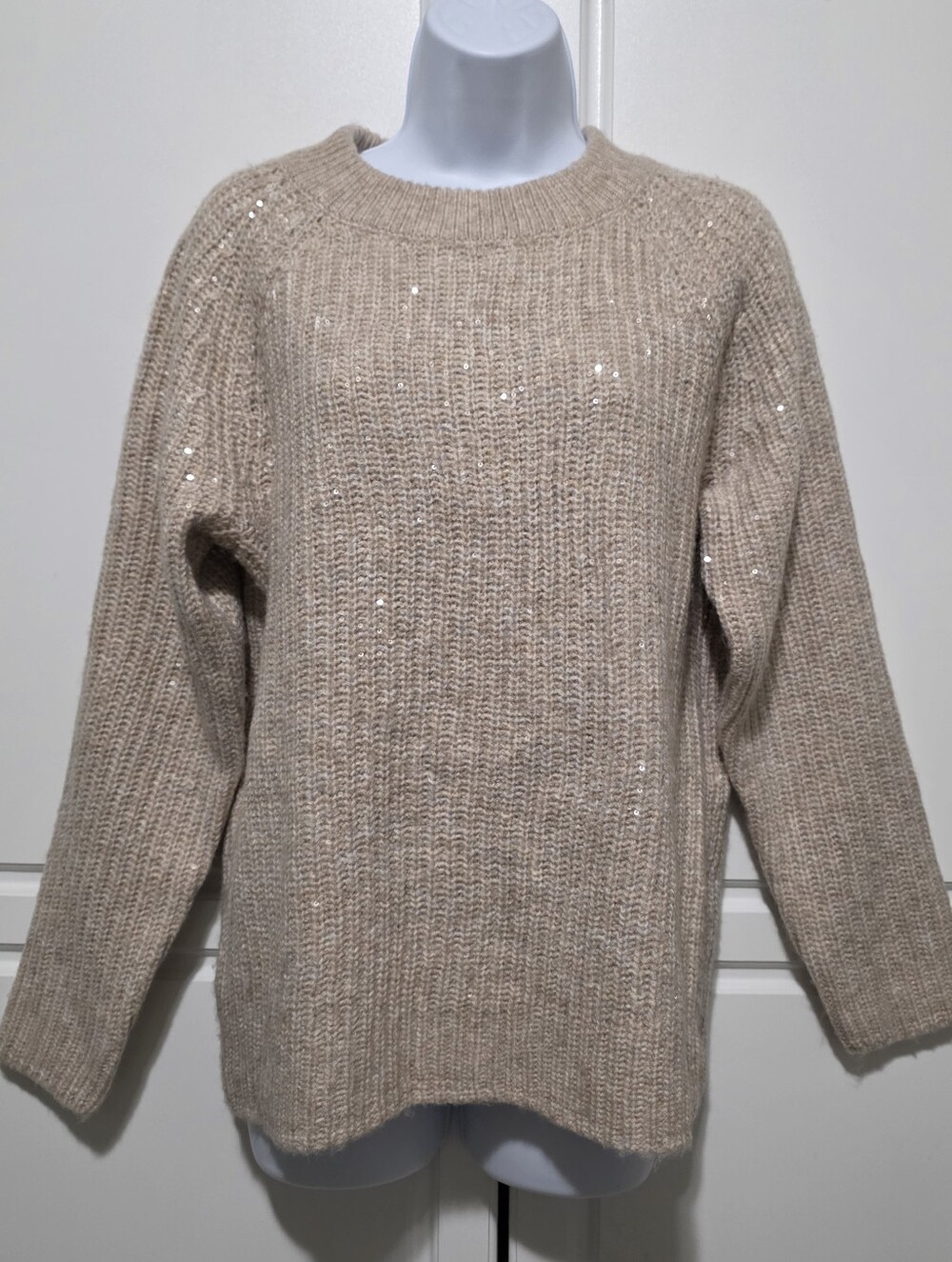 Crown & Ivy Womens Cream Sequins Oversized Chunky Ribbed Knit Pull Over Sweater